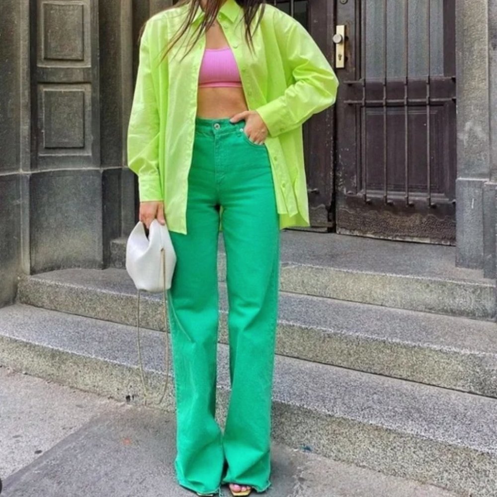 Zara Wide Leg  Baggy Jean With High Waist Fit Emerald Green (U.S. 2) SOLD OUT